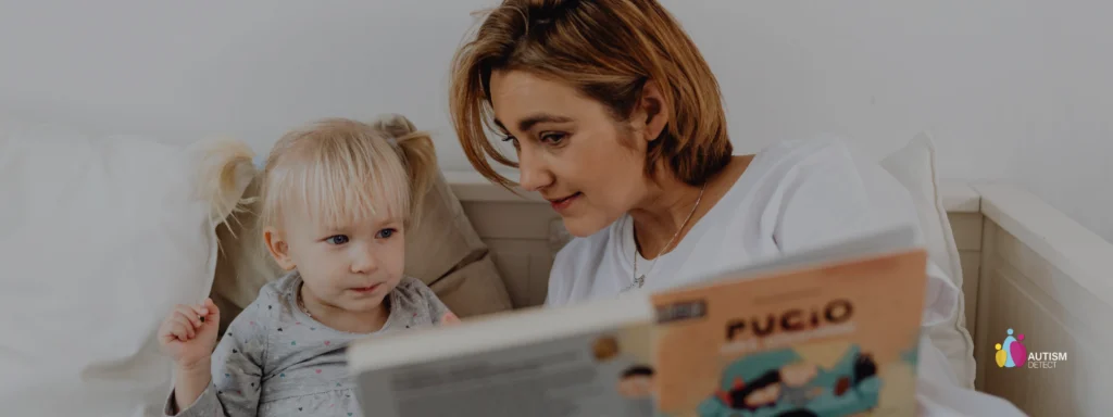 planning for going back to school transitions , easing anxiety in august . autism detect. mom and daughter reading book